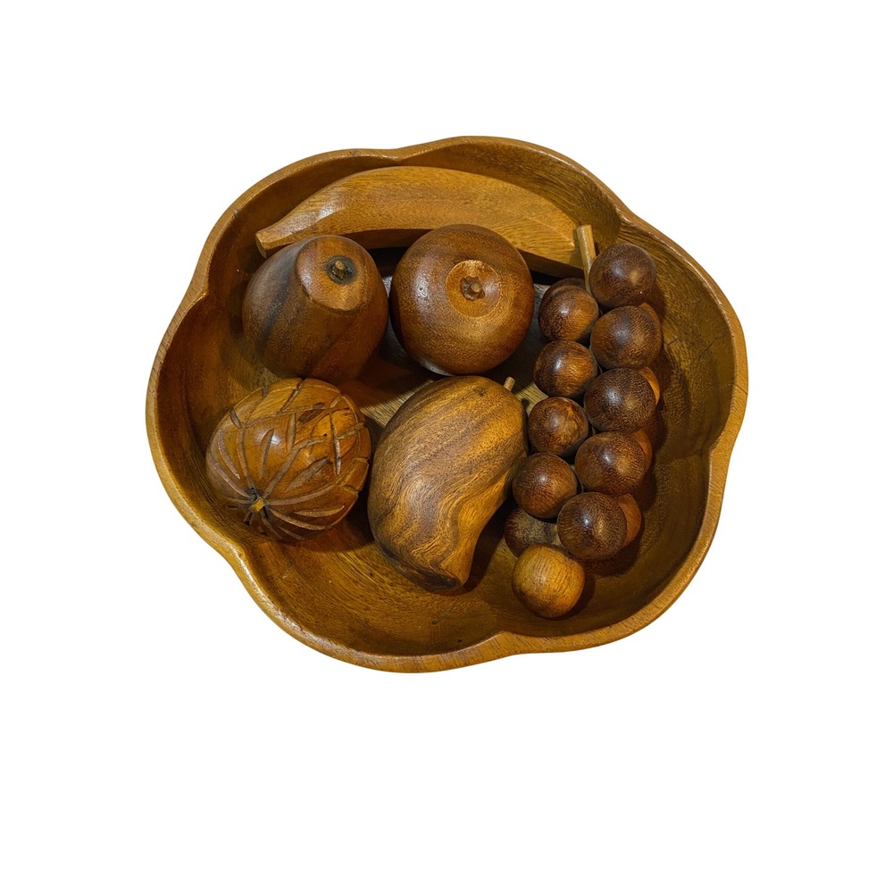 Leilani Vintage Monkey Pod Wood Fruit Bowl Set Hand Crafted MCM Philippines 7 pc - Picture 6 of 6